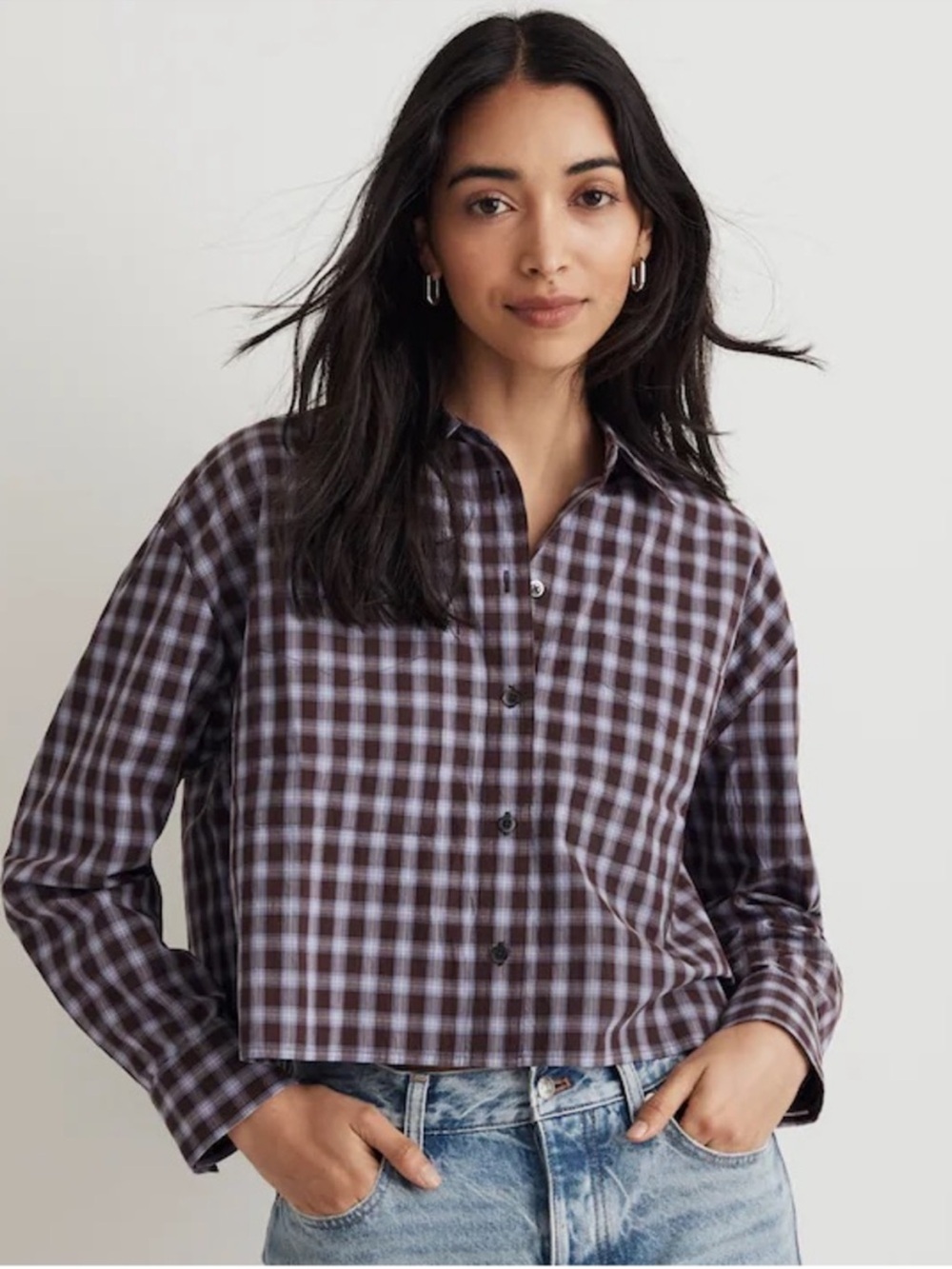 MADEWELL Signature Poplin Boxy Crop Plaid Button Down Shirt Large